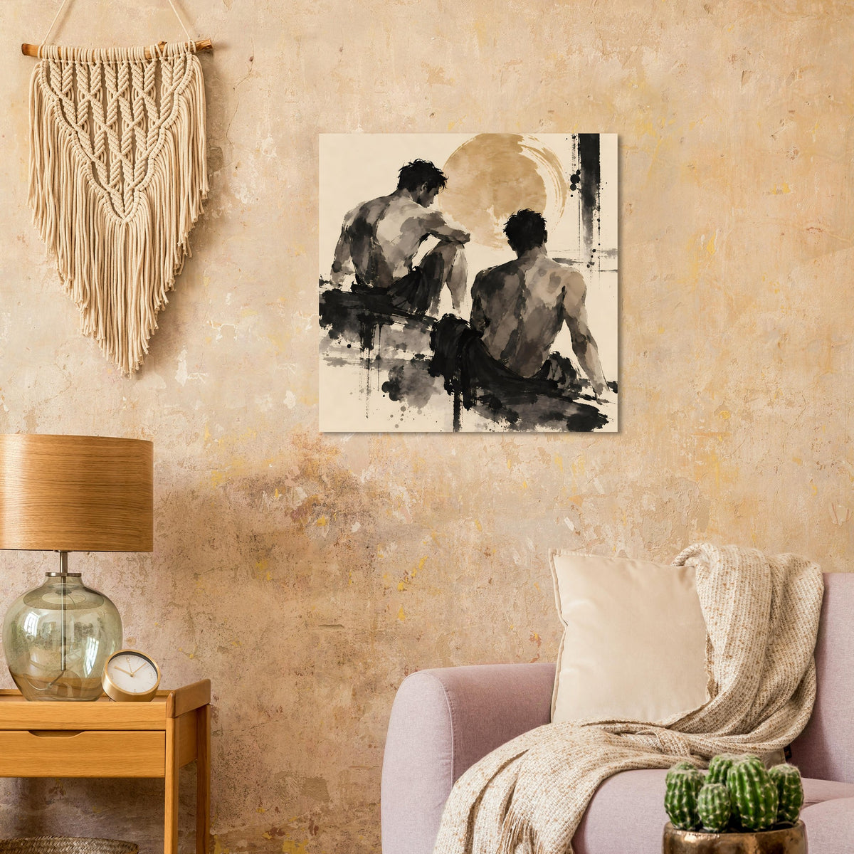 Figuratives Kunstposter mit zwei Rückenfiguren, schwarze Pinselstriche, warmes Sepia, gerahmt
