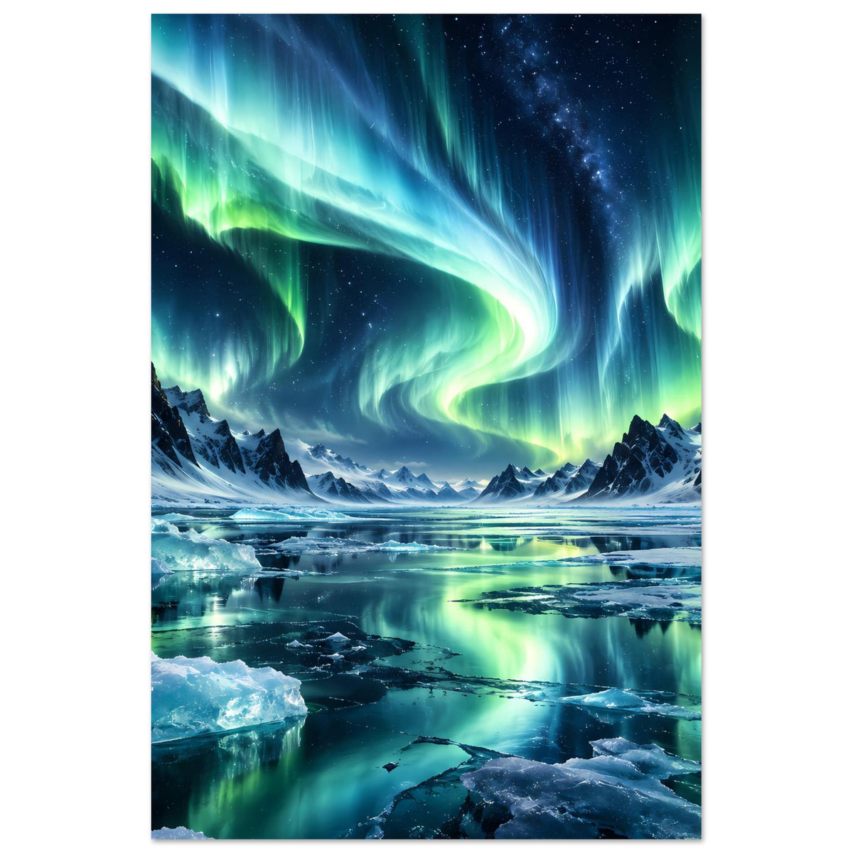 Vertikales Poster mit Nordlichtern in Grün und Blau über verschneitem Eissee und Bergen