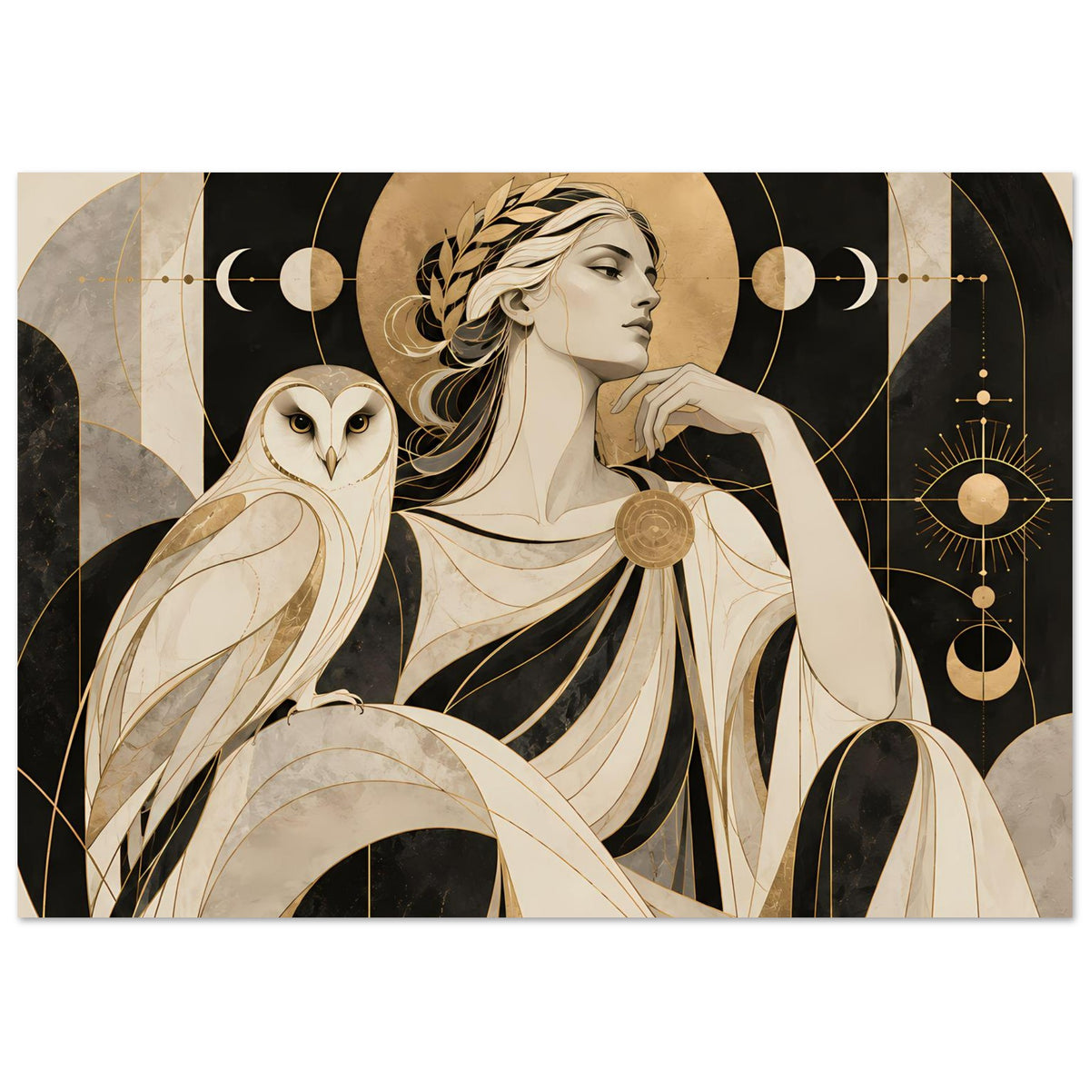 Kunstposter im Querformat: Frau mit Eule, goldener Kreisrahmen, stilisierte Gewandlinien