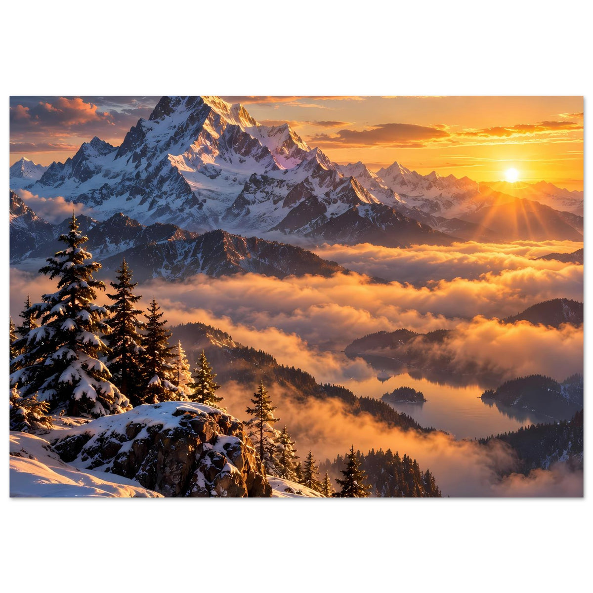 Querformat-Poster mit Berggipfel, Tannenwald und dichtem Wolkenmeer; Sonne rechts