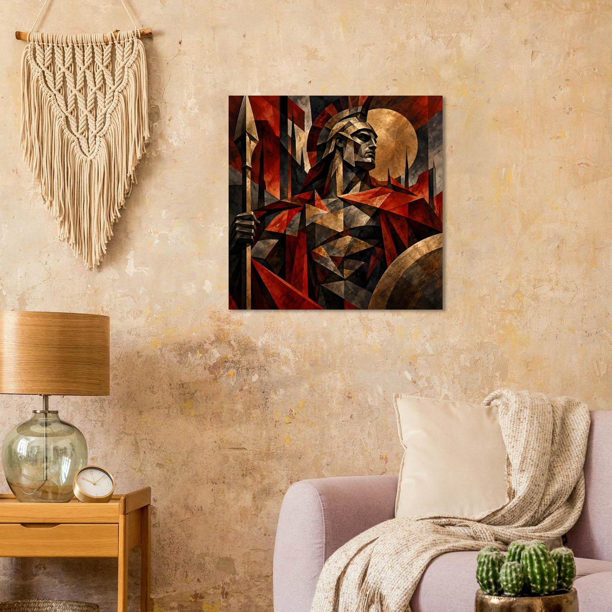 Wandposter mit Spartaner-Profil und geometrischem Rot-Gold-Muster