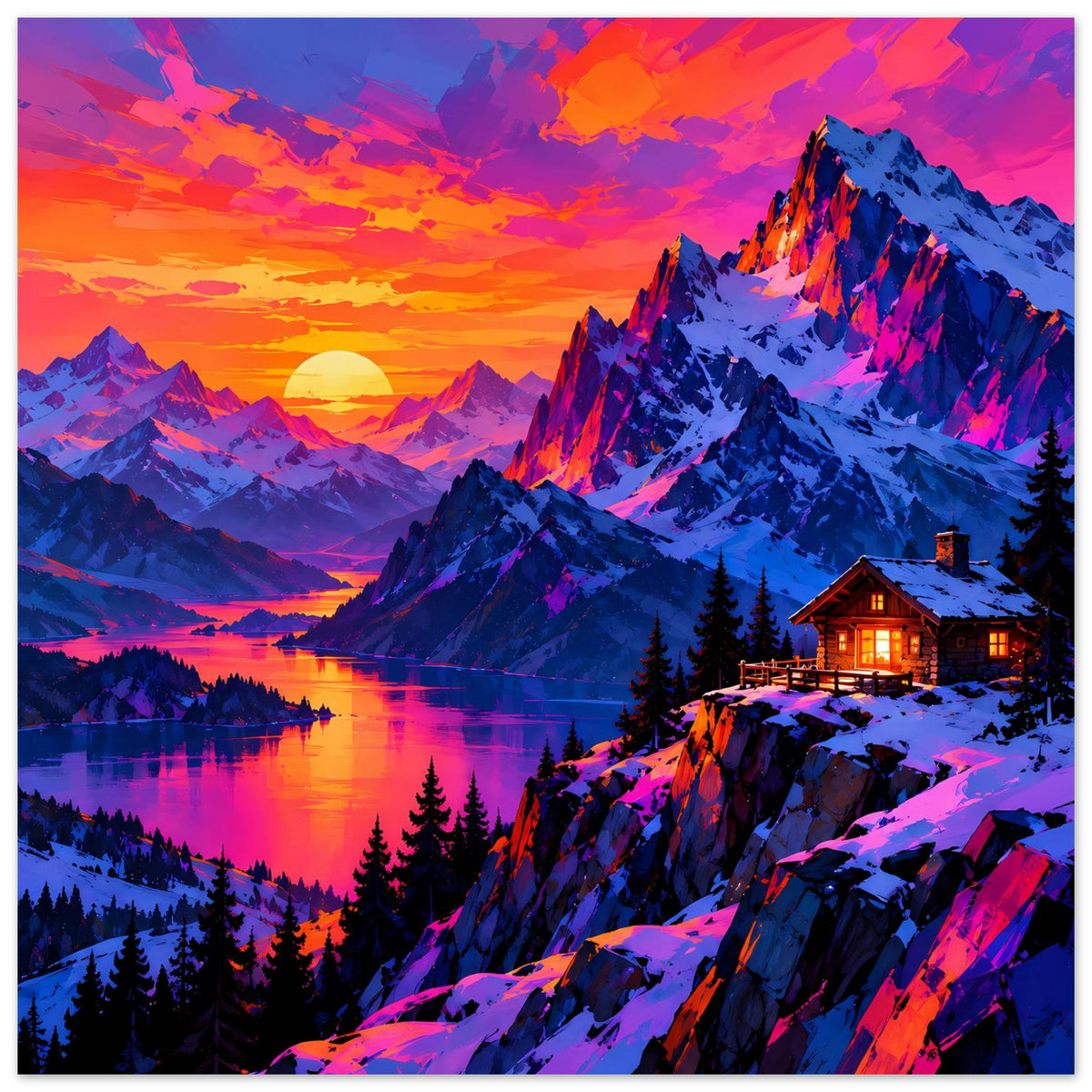 Vertikales Poster mit Bergspitzen und knalligem Sonnenuntergang, See mit Lichtreflexen