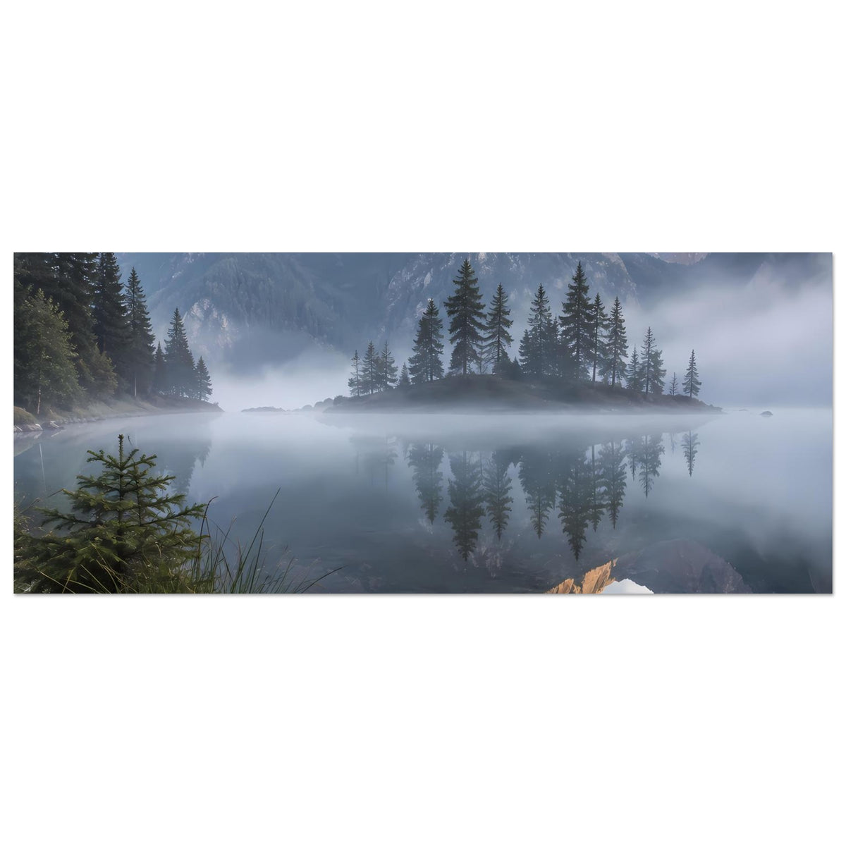 Querformat-Poster: Tannenwald am Bergsee, Nebelschwaden und spiegelnde Bergsilhouette