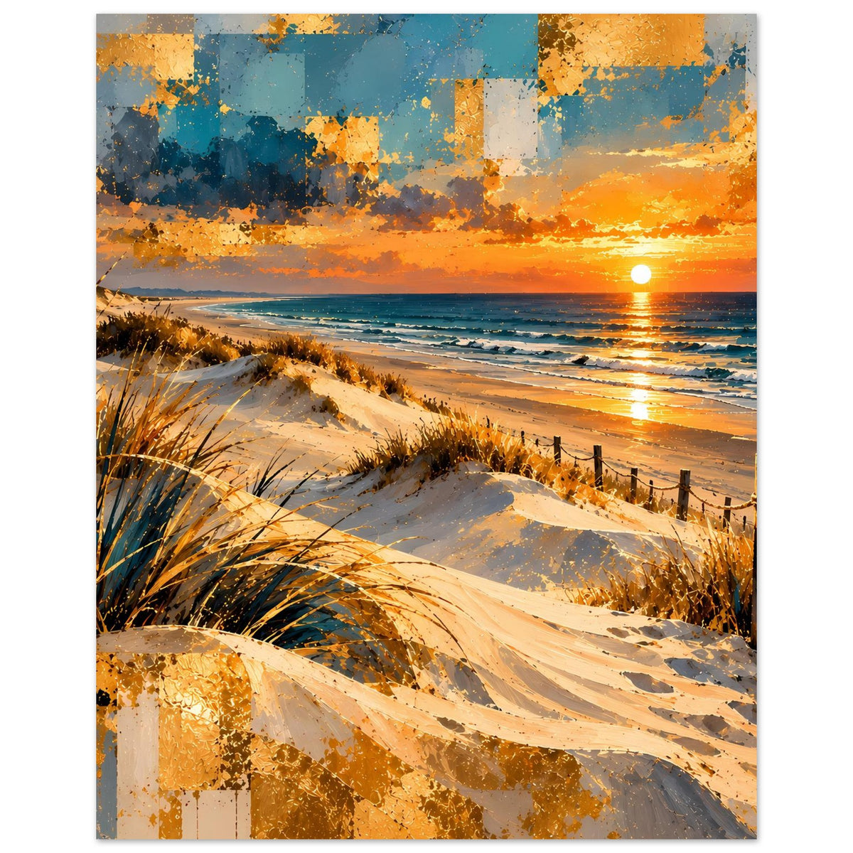 Vertikales Poster mit Dünenlandschaft, Ozean und reflektierendem Sonnenuntergang