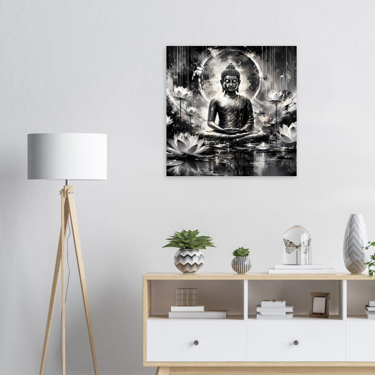 Kunstposter mit Buddha im Meditationssitz, schwarz-weiß, Lotus und Lichtkranz im Kreis
