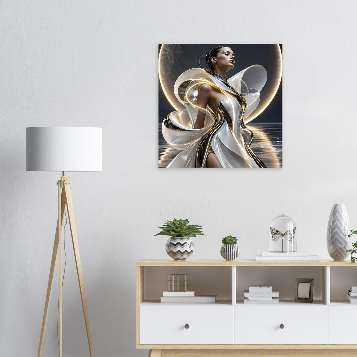Abstraktes Poster mit gold-silbernen Metallwirbeln und stilisierter Frau im Profil