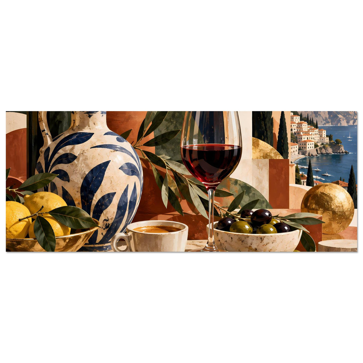 Horizontales Poster mit mediterranem Stillleben: Wein Glas, Tasse, Schale mit Oliven und Vase