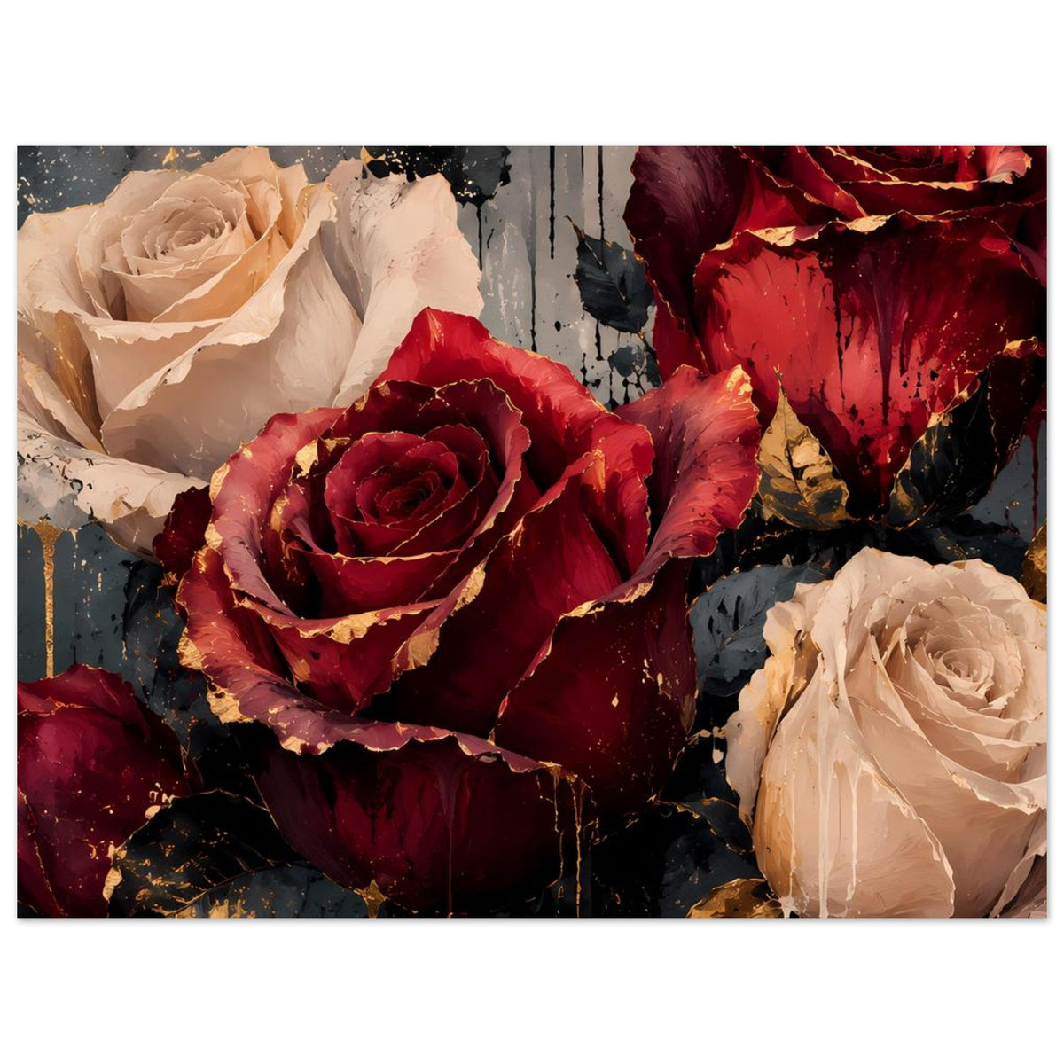 Kunstposter-Rosenmotiv mit bordeauxroten und cremefarbenen Rosen, goldene Akzente