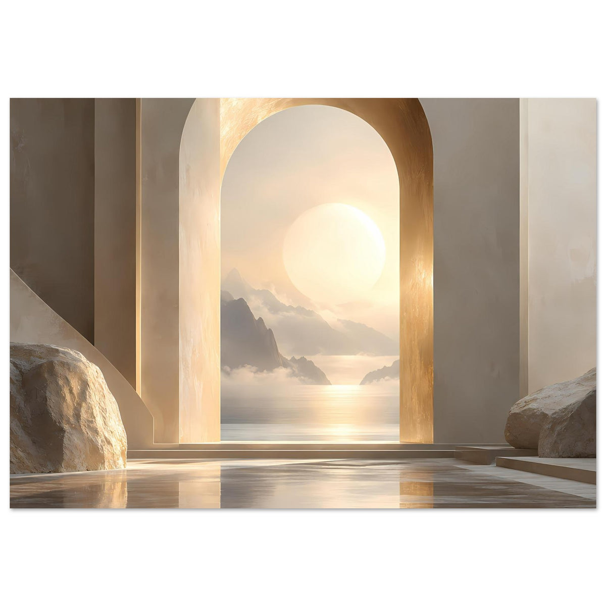Wandposter mit Torbogen und Sonnenaufgang über Wasser, Berge im Hintergrund, warmes Licht