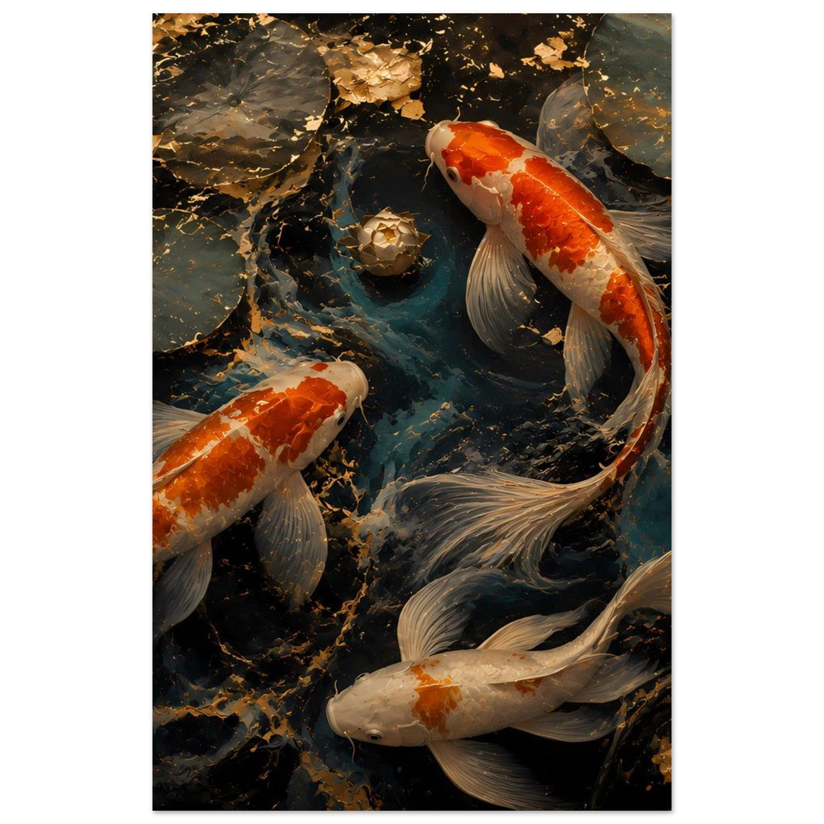Vertikales Koi-Fischkunstposter mit drei Karpfen, dunklem Wasser und goldenen Felsfragmenten