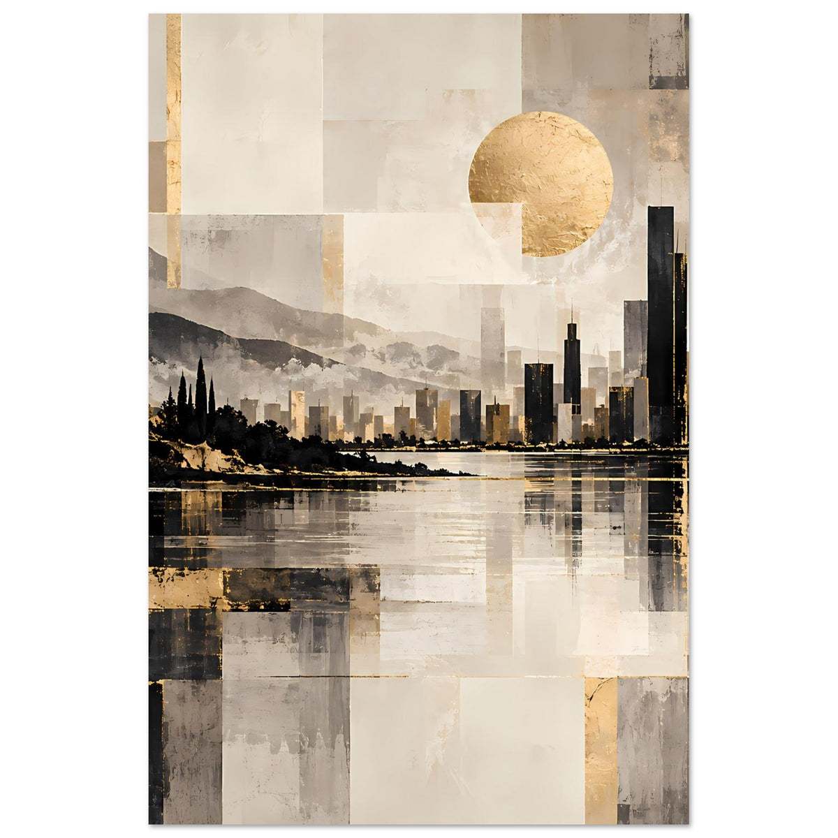 Stadtlandschaftsposter: goldene Sonne über dunkler Skyline, Bergzug und Wasserreflexion