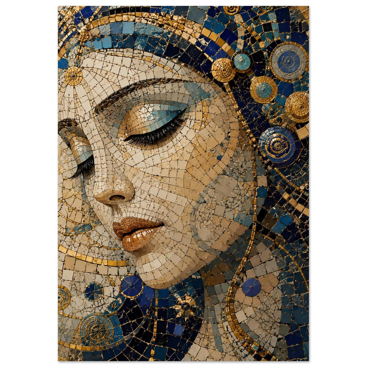 Poster: Mosaik-Porträt einer Frau mit blauen Augen und goldenem Zierrand