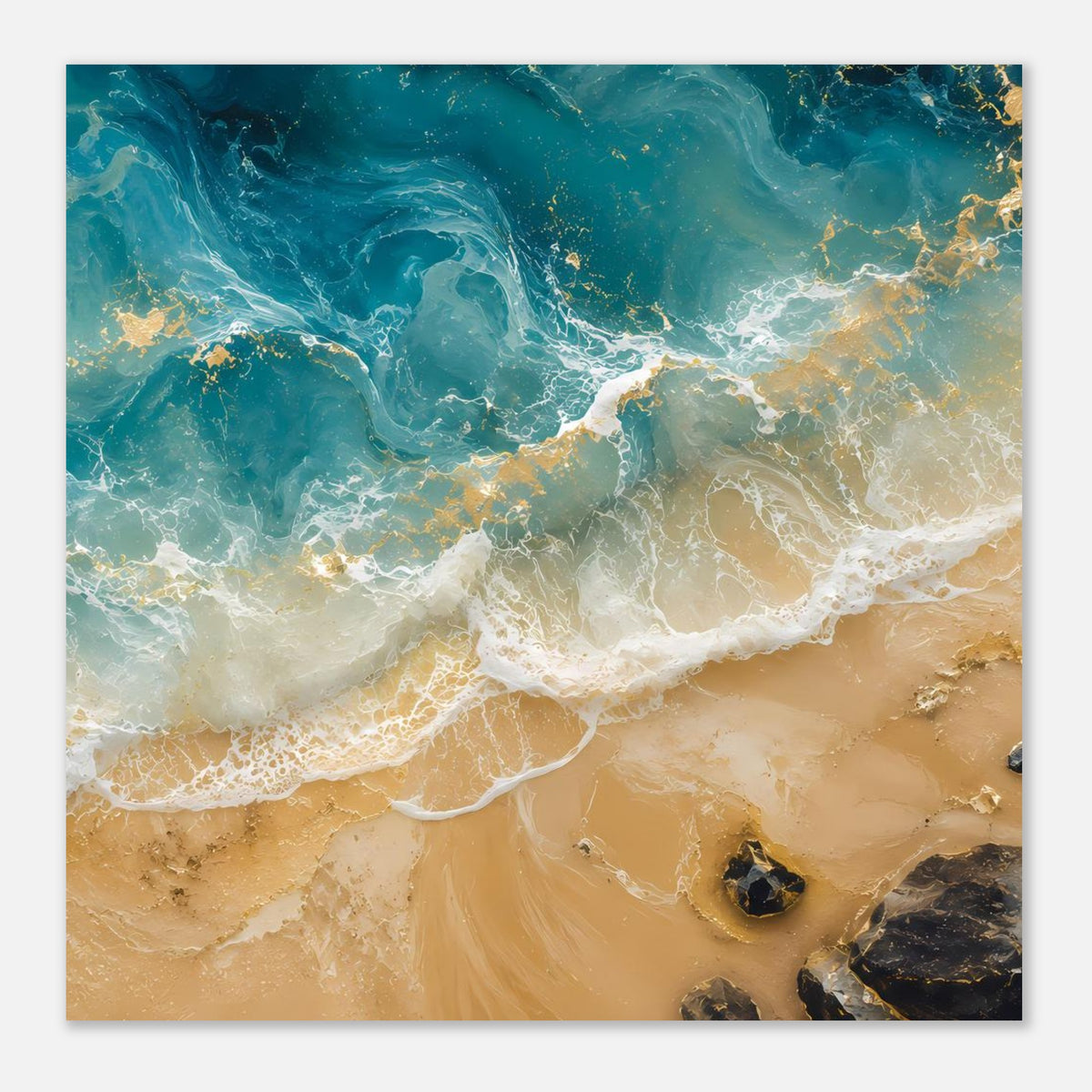 Poster im Querformat mit Meereswellen und beigem Sand, türkises Wasser und goldene Akzente, unten Steine