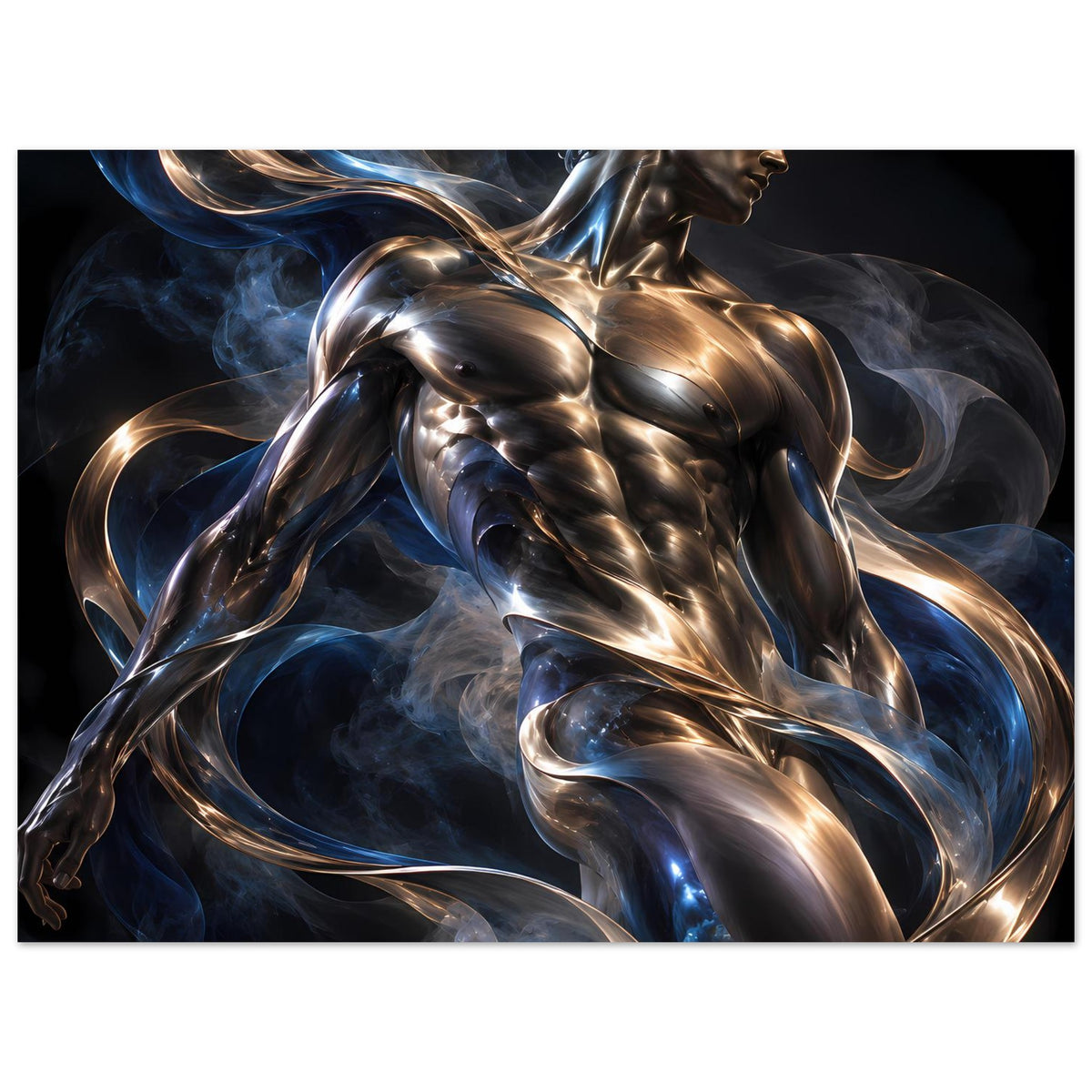 Kunstposter mit Halbfigur in Silber und Bronze, umhüllt von blauen Rauch- und Lichtwirbeln