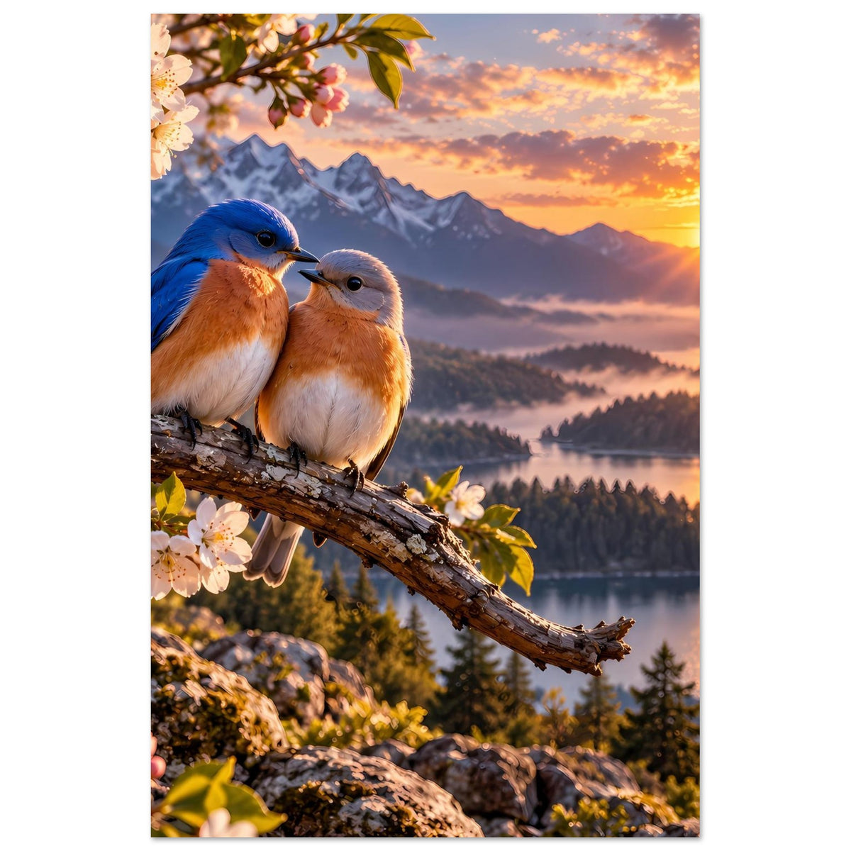 Poster mit zwei Vögeln auf Ast, Sonnenuntergang mit Blick auf See und Berge