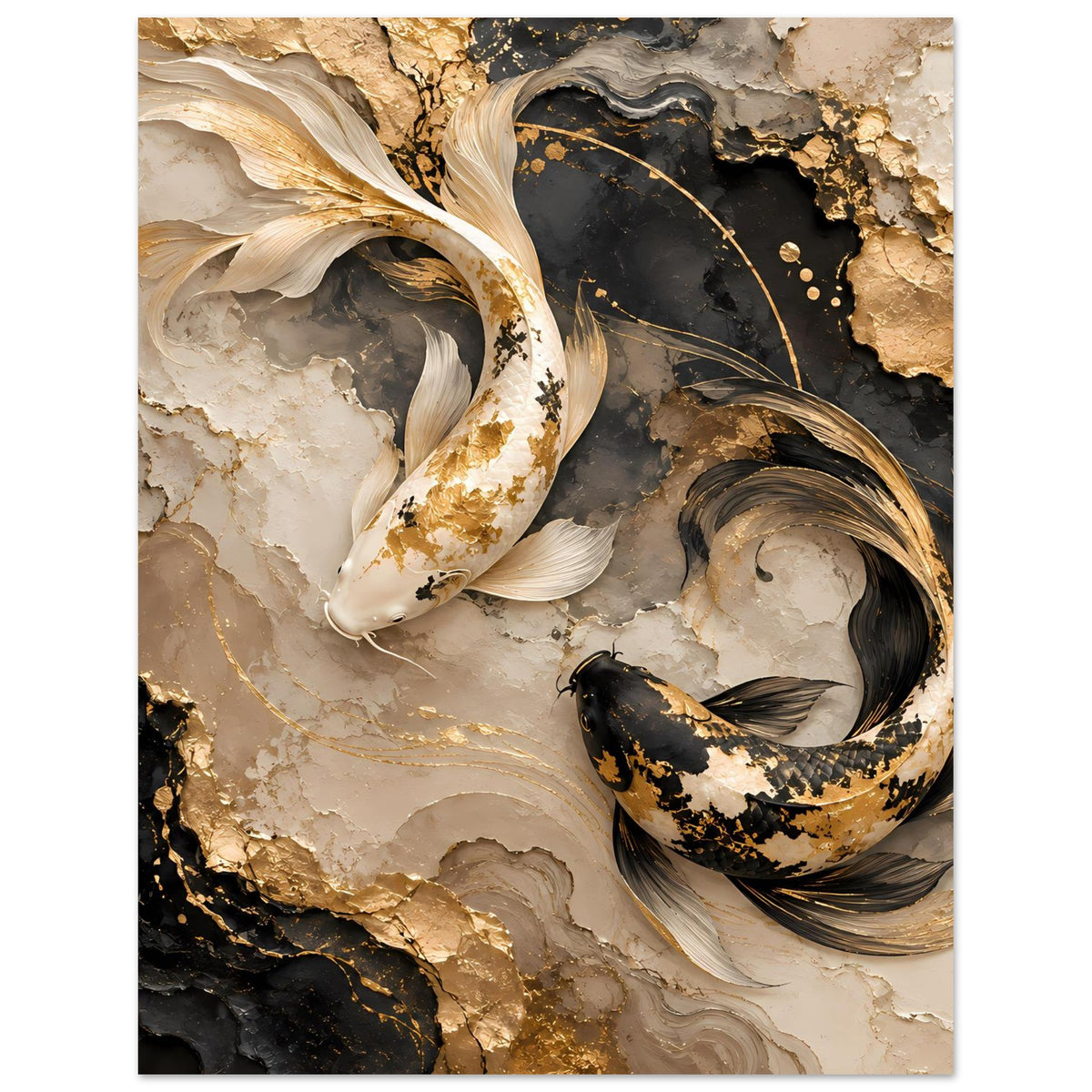 Kunstposter mit Koi-Fischen in Gold und Schwarz vor hellem Marmormuster