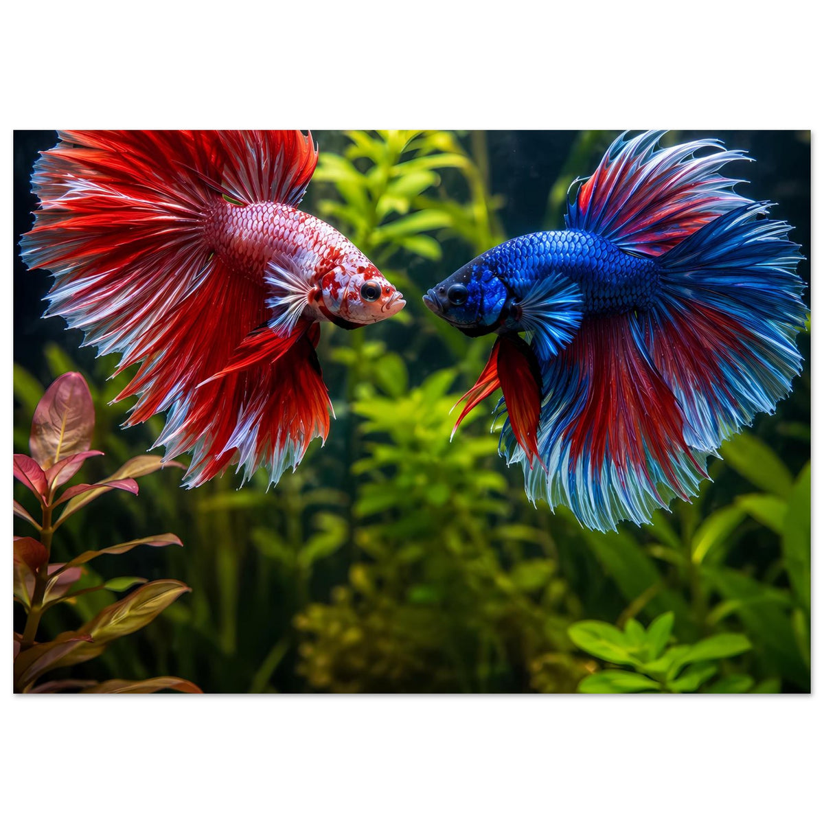 Poster im Querformat: roter Betta und blauer Betta gegenüber, farbige Flossen, Pflanzen um sie