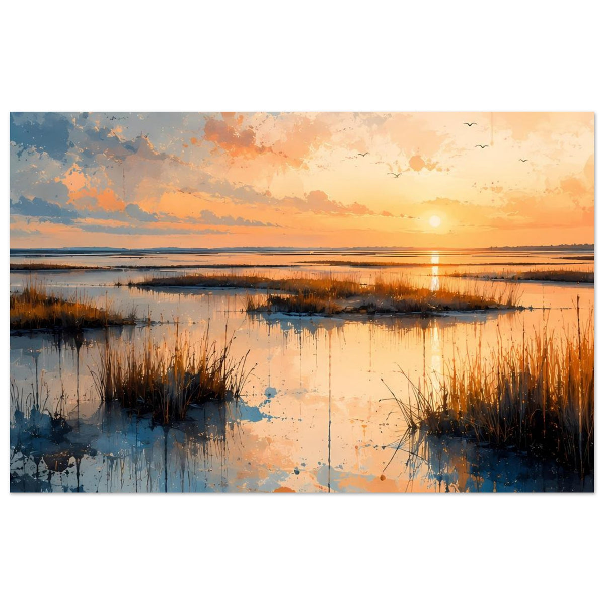 Wandposter Sonnenuntergang über ruhigem Gewässer, Schilf am Ufer und klare Horizontlinie.
