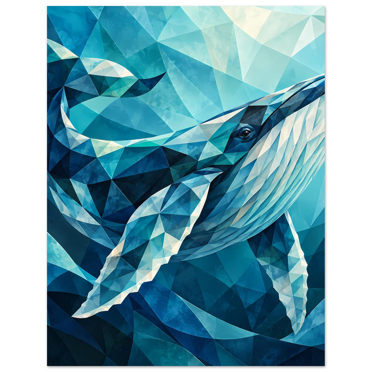 Geometrisches Blauwal-Poster im Hochformat, Blau- und Aquamarin-Triangelmuster