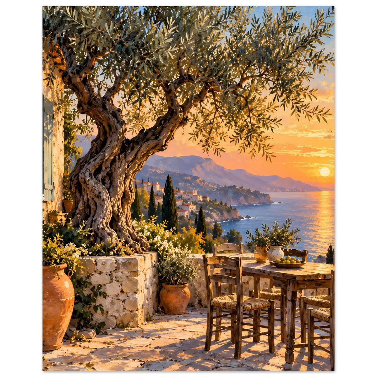 Posterdruck mit Olivenbaumzweigen, Terrasse-Tisch, Küste und Sonnenuntergang über dem Wasser
