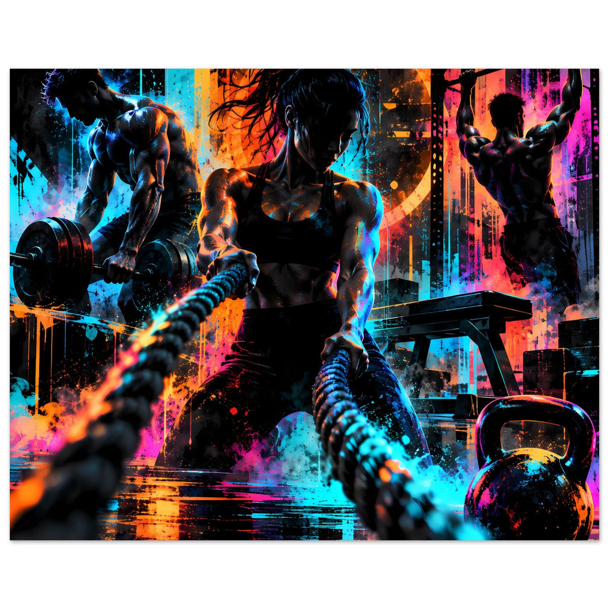 Neon-Fitnessposter im Querformat mit muskulösen Sportlern, Kurzhanteln und neonfarbenen Spritzern.