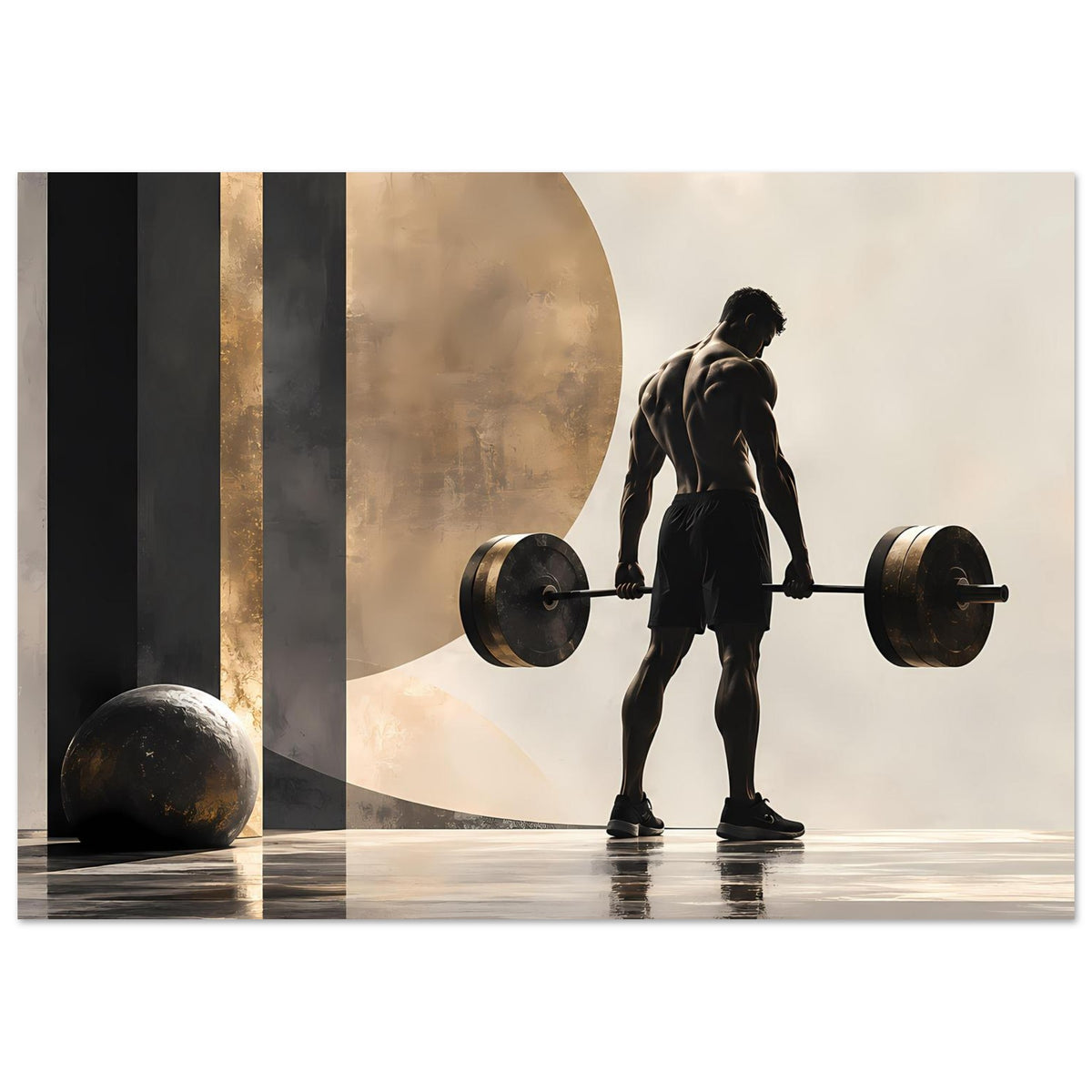 Fitness-Poster mit Silhouette beim Heben einer Langhantel vor abstrakten gold-grauen Flächen.