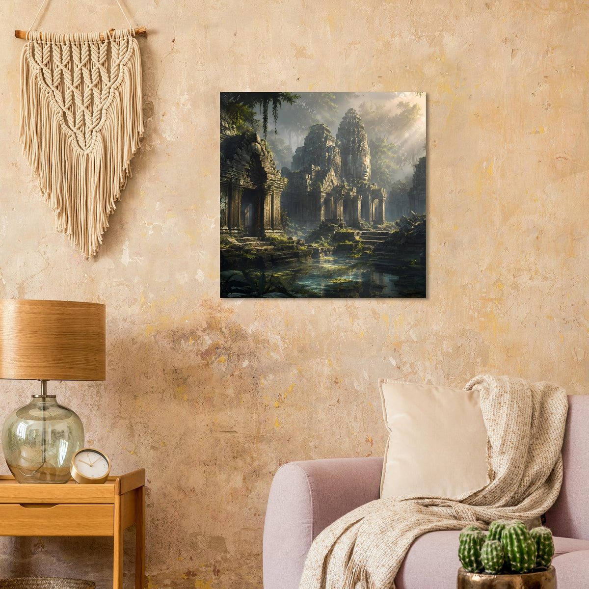 Poster mit Tempelruinen, grüner Bewuchs und schimmerndes Wasser in mistiger Atmosphäre