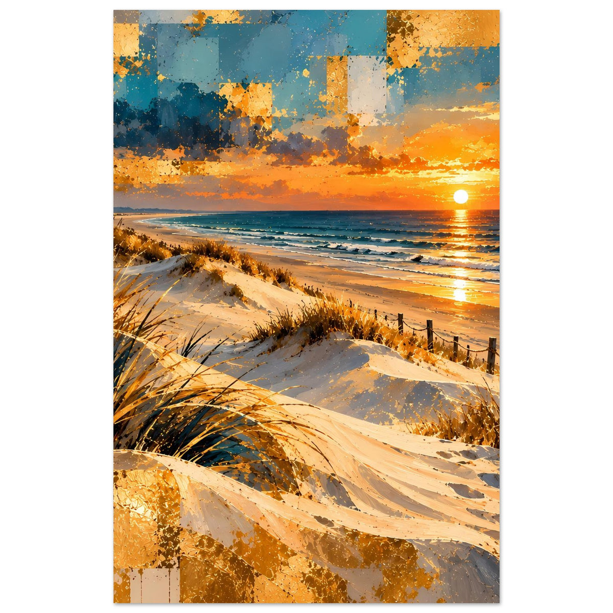 Hochformat-Strandposter mit Dünen, Sonnenuntergang am Horizont und Uferwellen