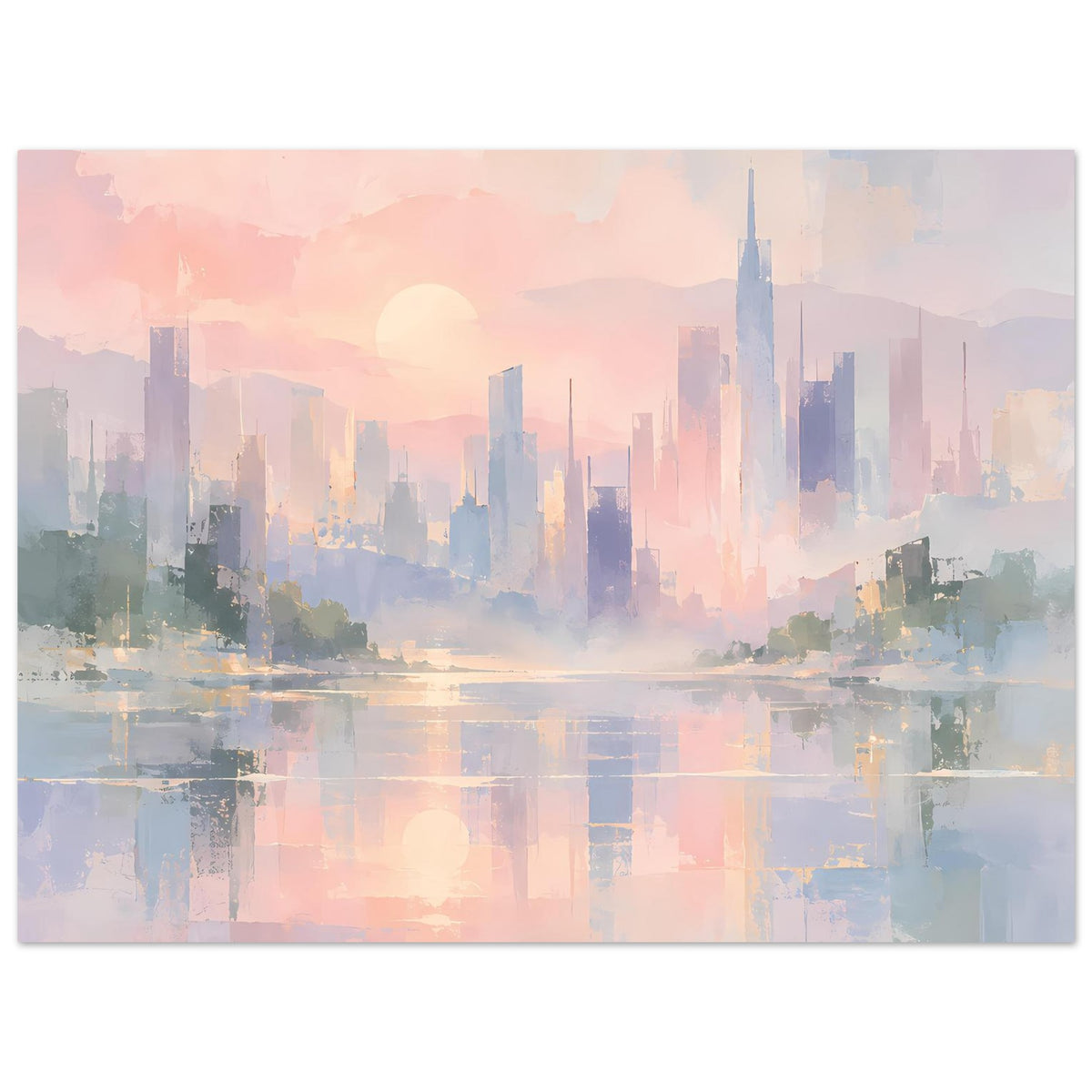 Abstraktes Poster mit Skyline, Pastellverläufen und Reflexion, Querformat
