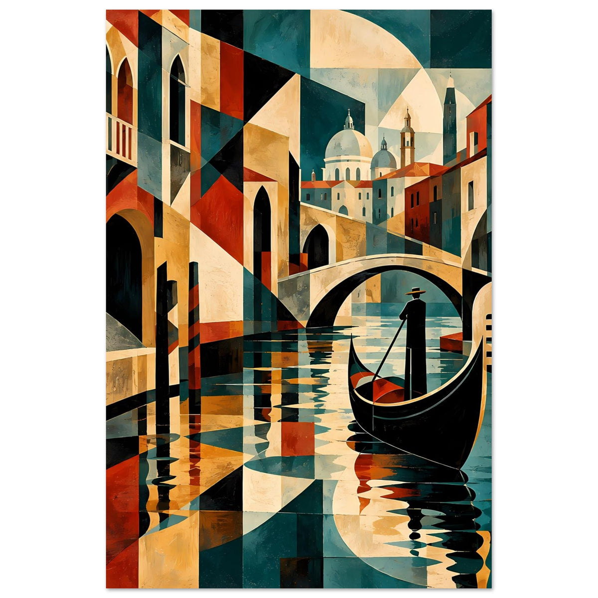 Hochformatiges Poster mit abstrakter Stadtansicht, Gondel im Kanal und geometrischen Flächen