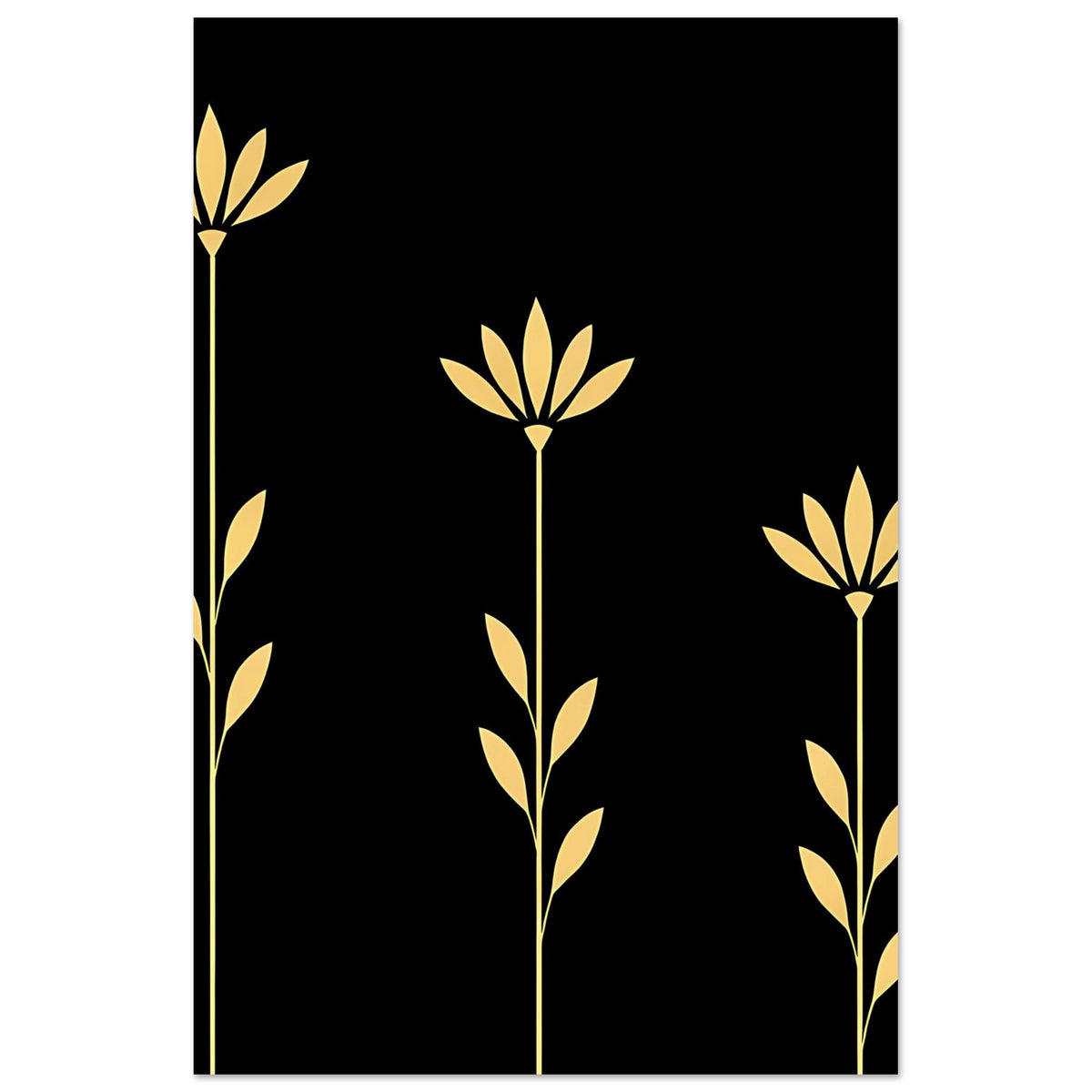 Botanisches Poster im Hochformat mit goldenen Blüten und Zweigen auf dunklem Grund
