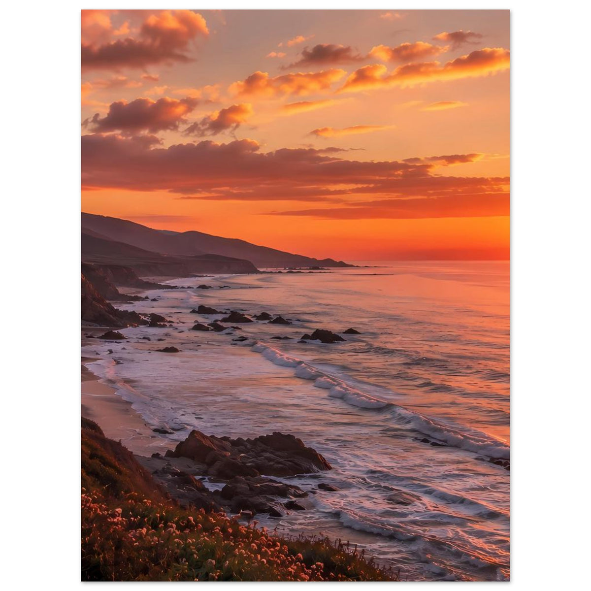 Poster mit Küsten-Sonnenuntergang: orangefarbener Himmel über Strand und Wellen