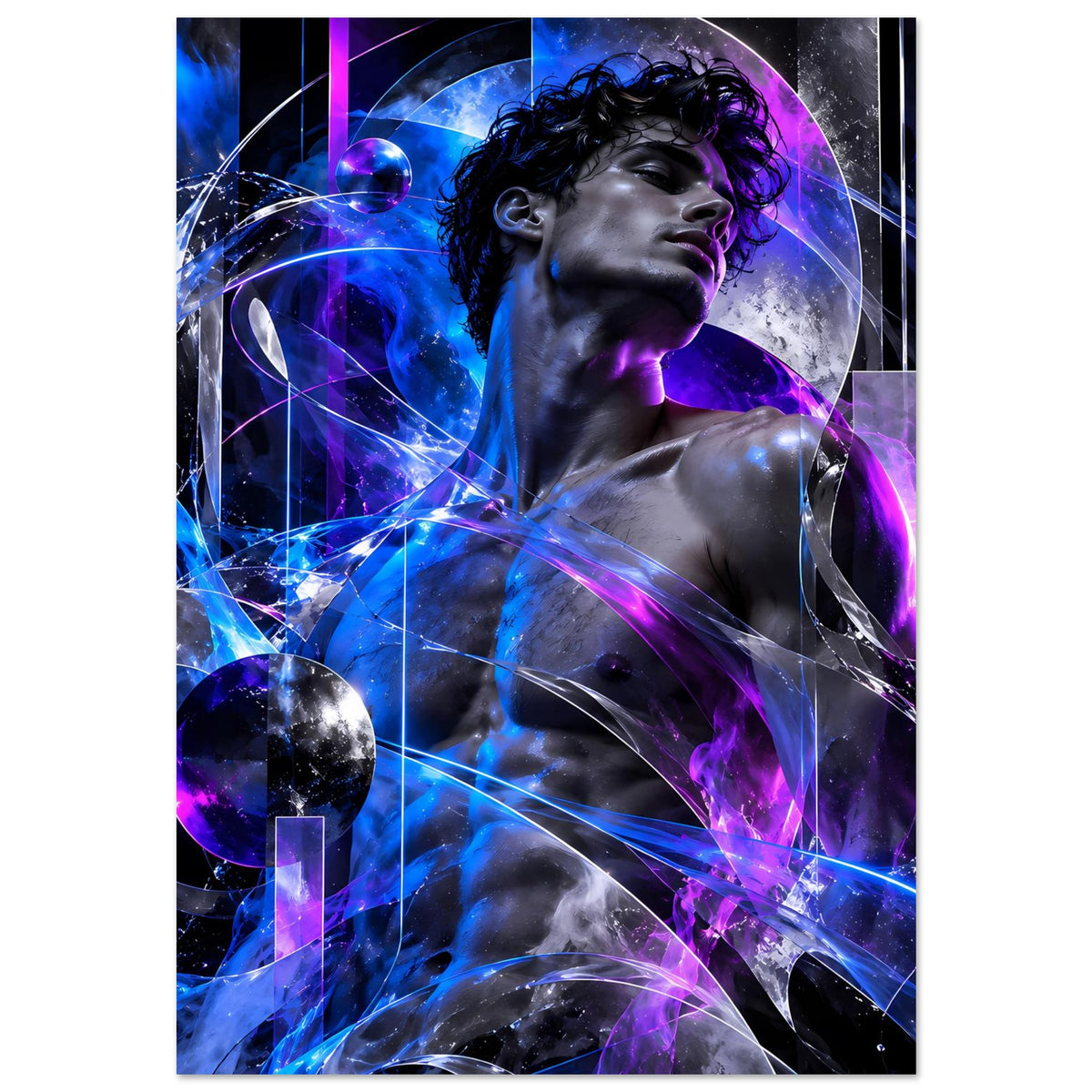 Futuristisches Poster mit schwebender Energiefigur, Oberkörper in Blau und Violett.