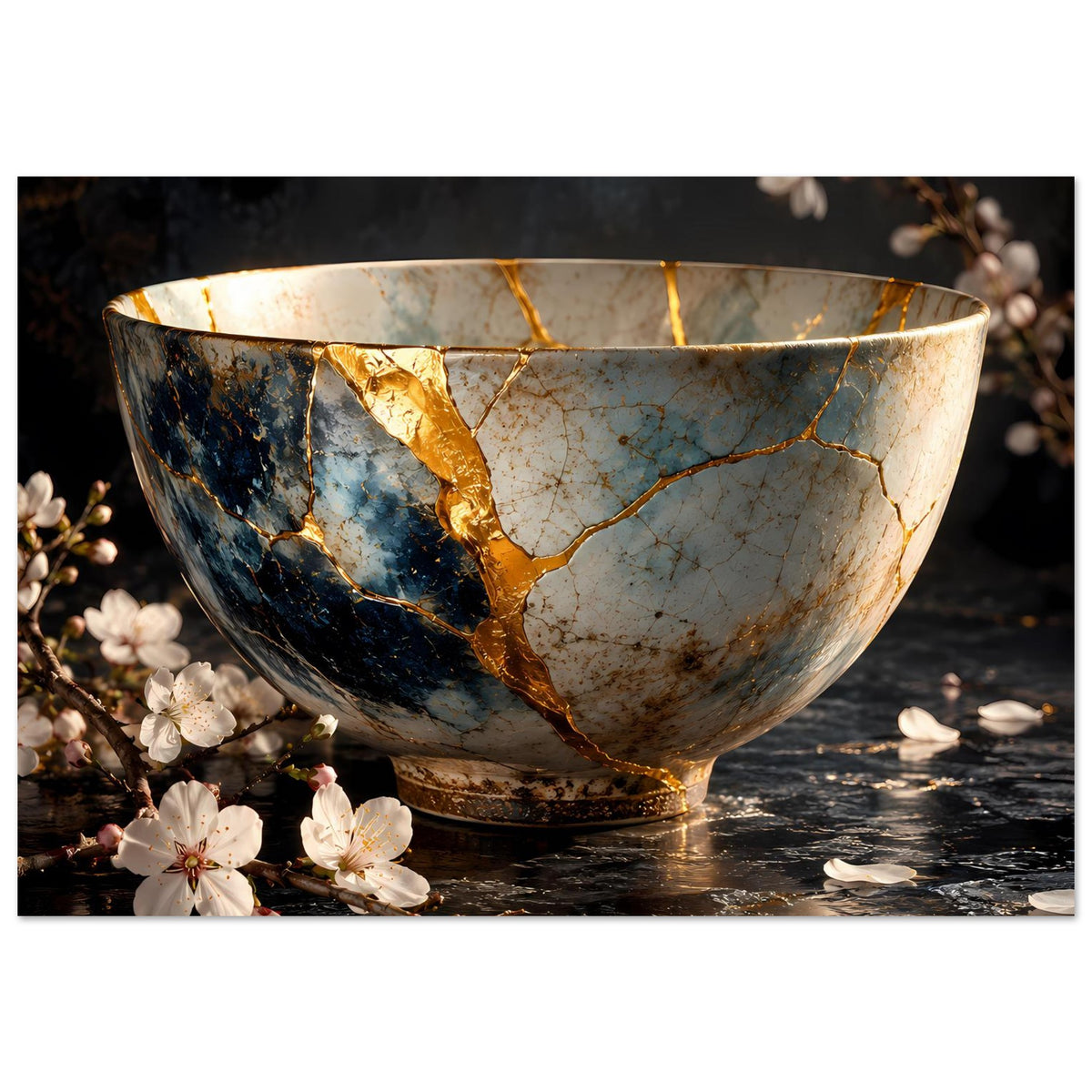 Kintsugi-Poster mit goldener Schale und feinen Rissen