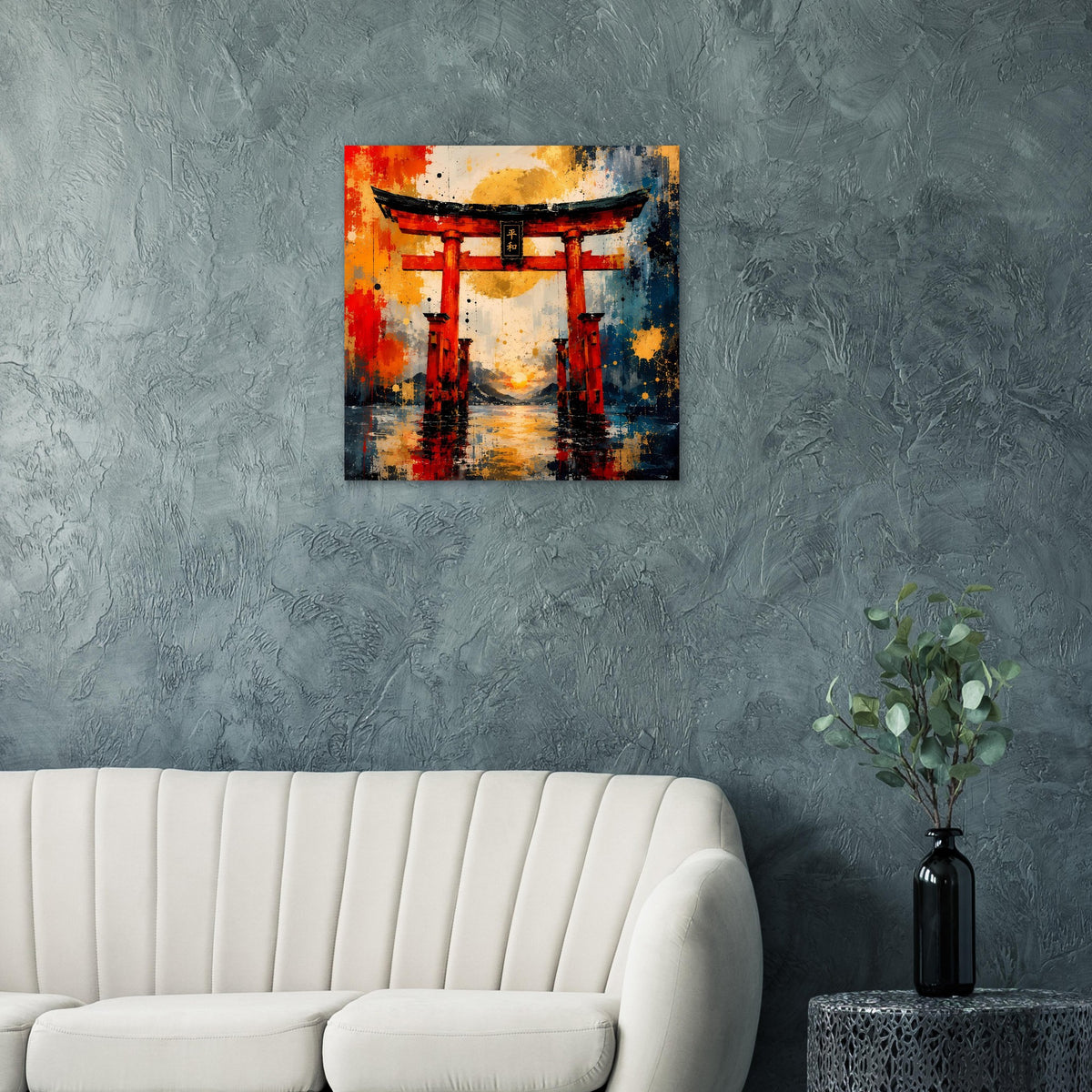Poster mit rotem Torii-Tor und abstrakter Spiegelung in Blau, Rot und Gelb