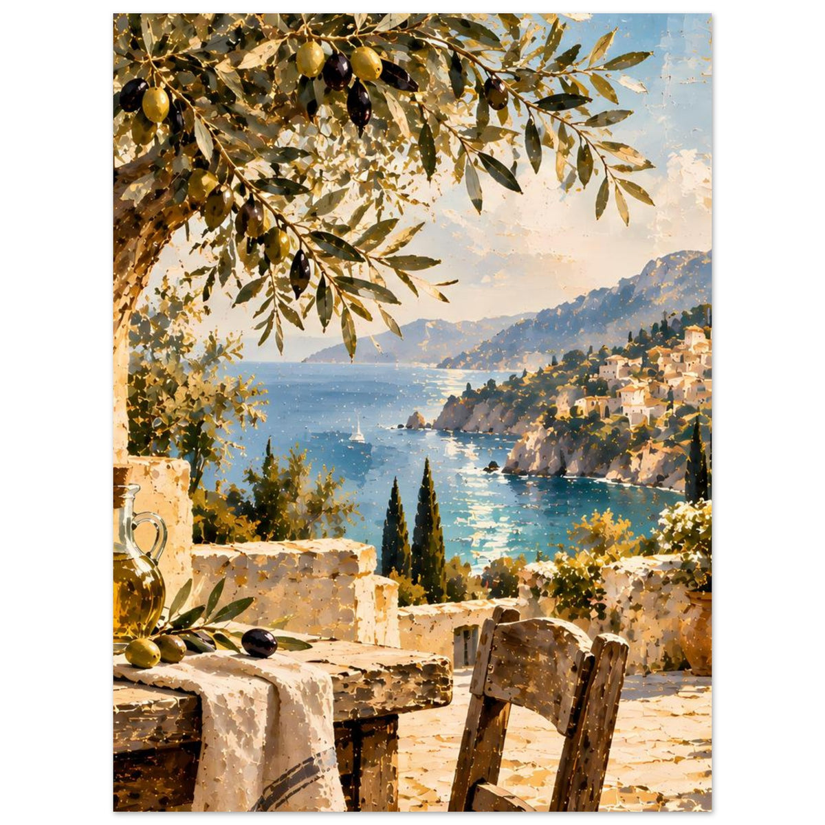 Poster mit mediterraner Küstenansicht, goldenen Zweigen im Vordergrund und Steinterrasse
