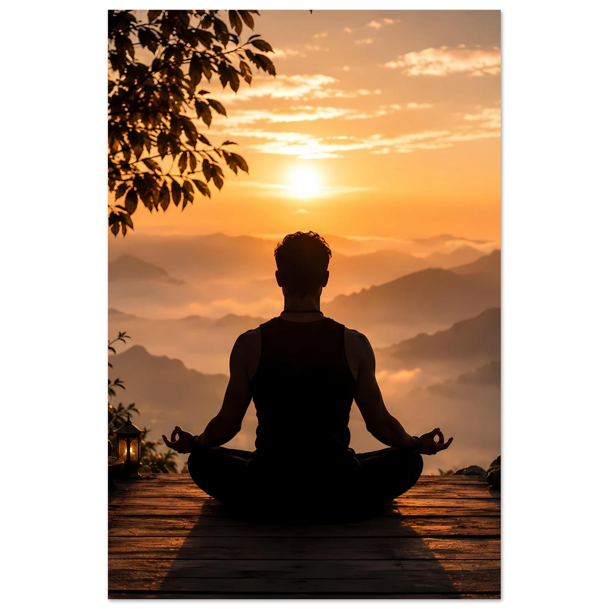 Gerahmtes Meditationsposter (Hochformat) mit Lotus-Silhouette vor Sonnenuntergangshimmel