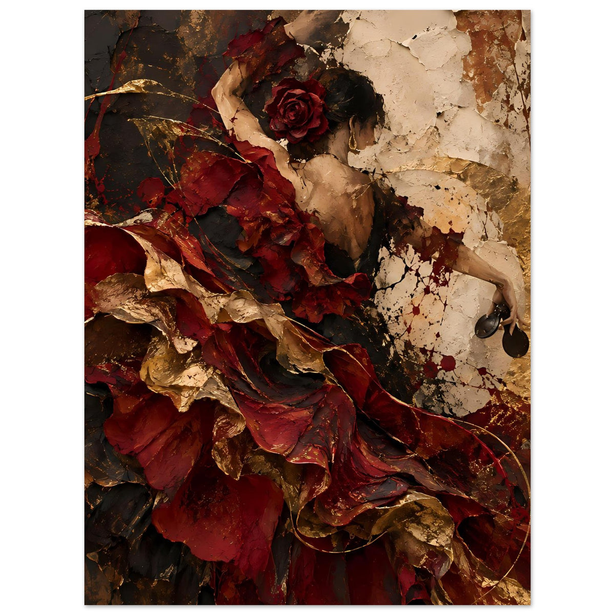 Hochformat-Wandposter: Flamenco-Tänzerin mit rotem Rock, Rosenblüte im Haar, goldene Spritzer
