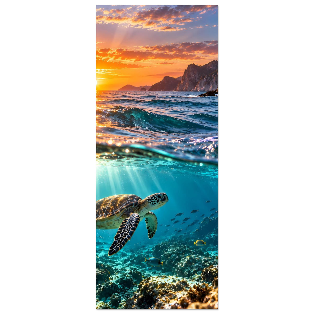 Vertikales Poster mit Meeresschildkröte im Ozean bei Sonnenuntergang und Küstenlinie
