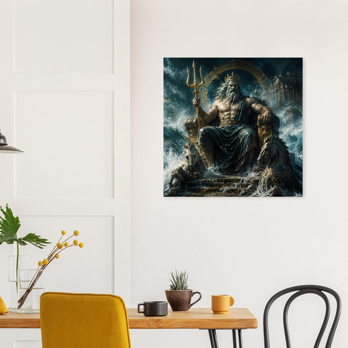 Poster mit Poseidon auf Steinsockel, Dreizack, rundes Ornament und Meeresszene