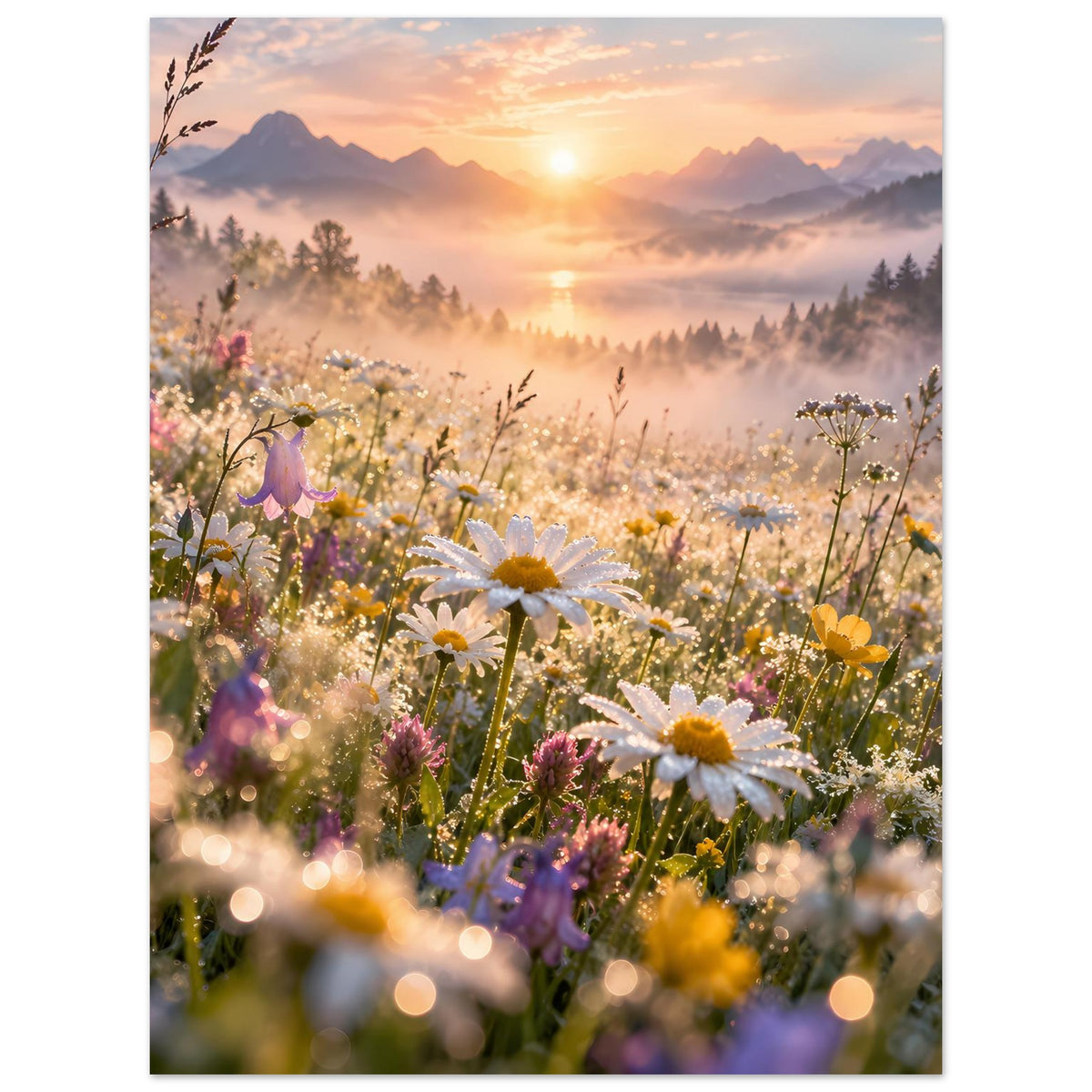 Gerahmtes Poster (hochkant) mit Wildblumen, warmem Himmel und Bergsilhouetten in Morgennebel