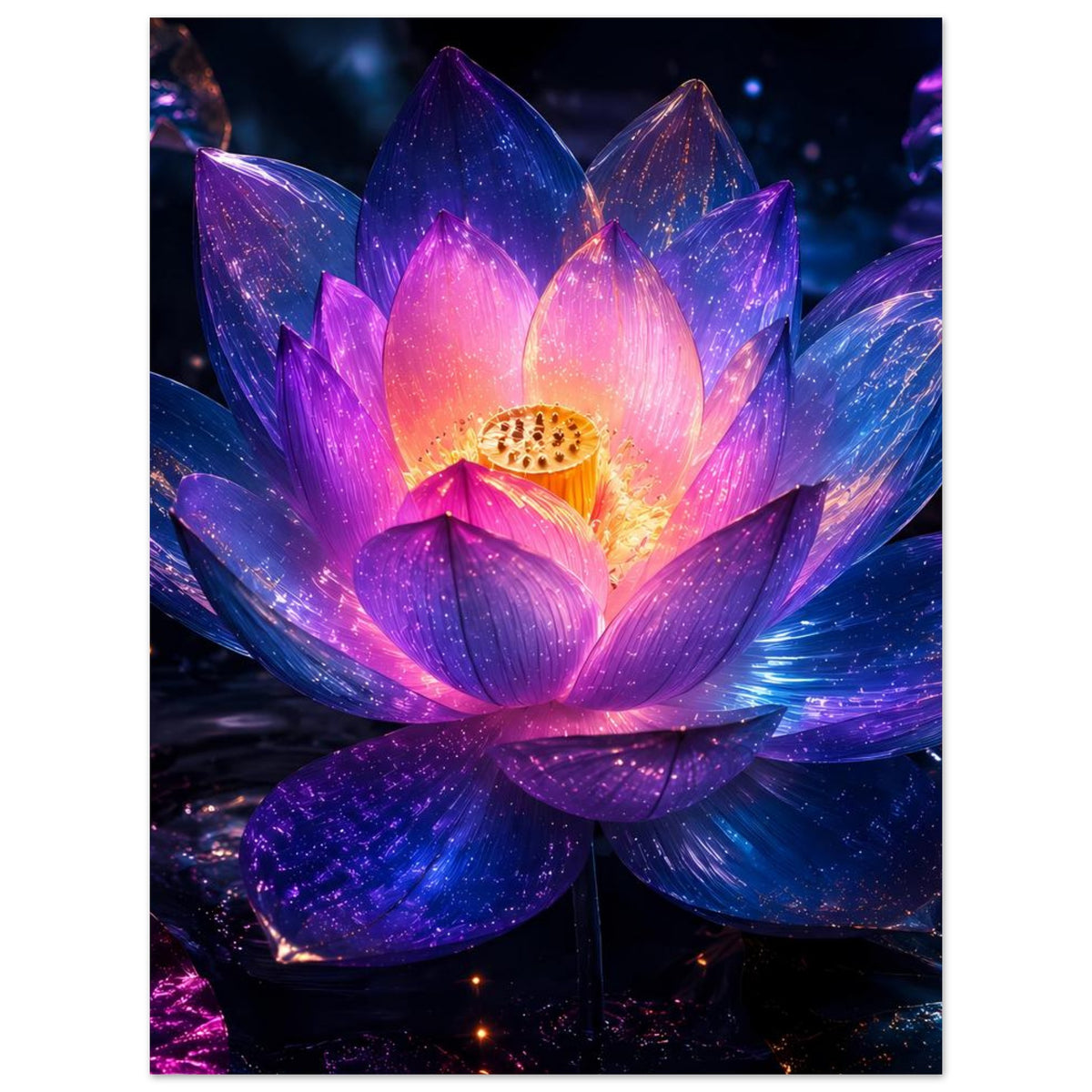 Poster mit leuchtender Lotusblume: lila-blaue Blütenblätter und orangefarbenes Zentrum