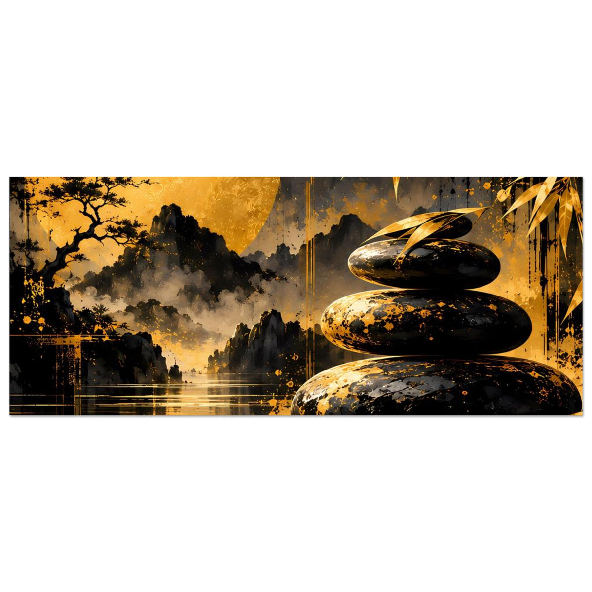 Horizontales Zen-Poster, Panorama-Ausschnitt: goldener Mond, Steinstapel, Bambus und See mit Reflexionen
