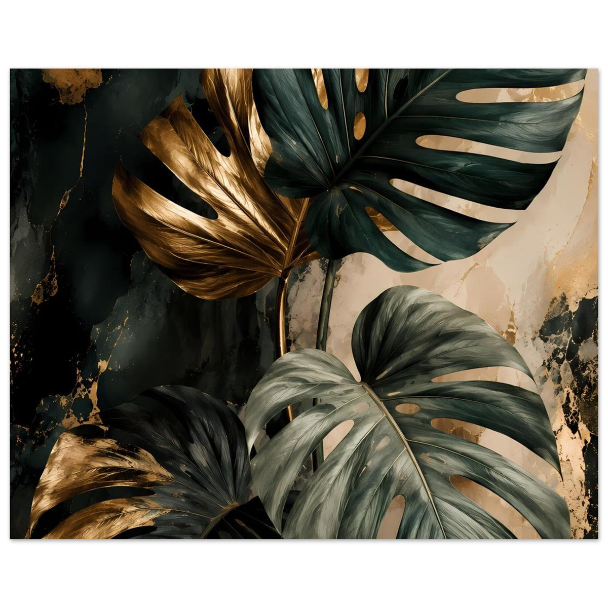 Poster mit Monstera-Blättern in Dunkelgrün und goldenen Akzenten, inklusive grauer Blattstrukturen.
