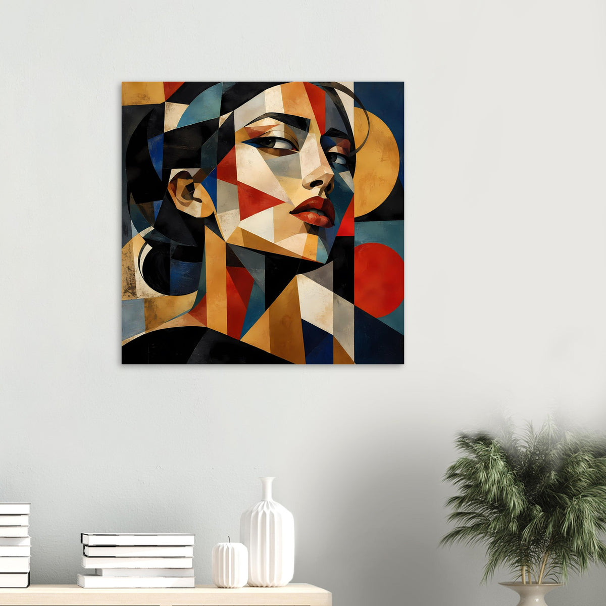 Quadratisches Portraitposter mit geometrischer Frauendarstellung in warmen Braun-, Rot- und Blautönen