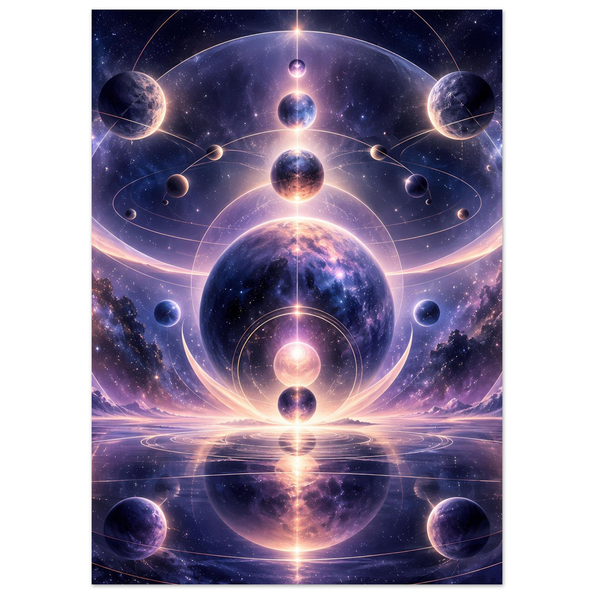 Poster mit kosmischer Grafik: zentrale Planetenkugel, schwebende Monde und leuchtende Kreise.