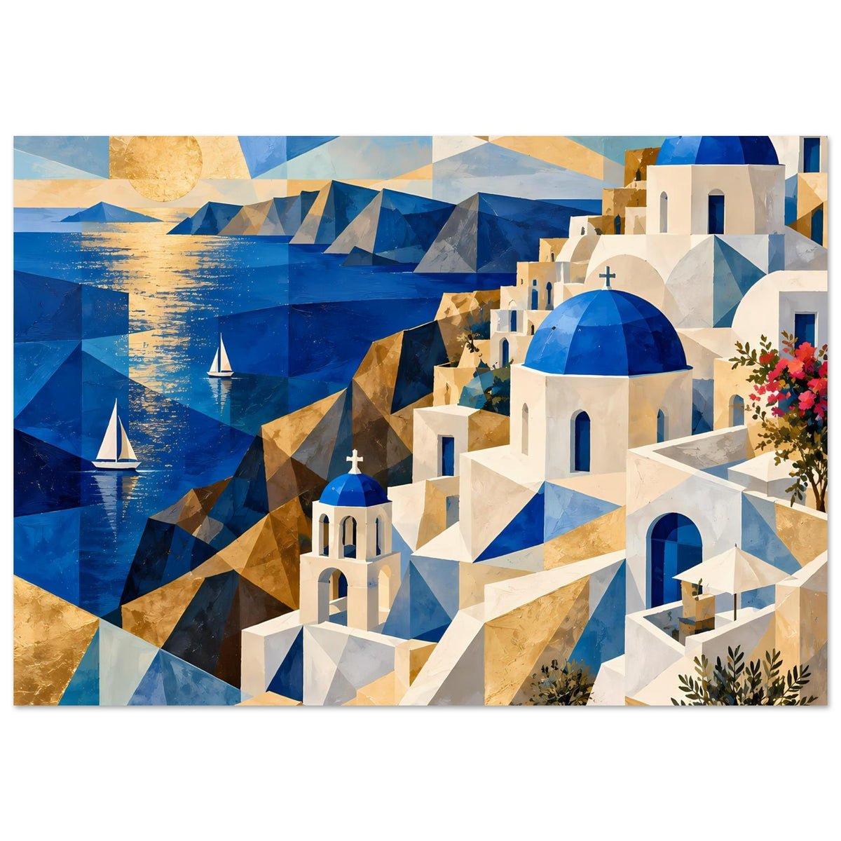 Geometrisches Poster mit Santorini, blauem Wasser, goldenen Dreiecken und Blumen