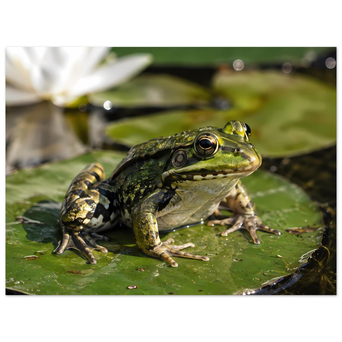 Poster im Querformat: Frosch auf Seerosenblatt, Kopf und Rücken mit Muster im Fokus.