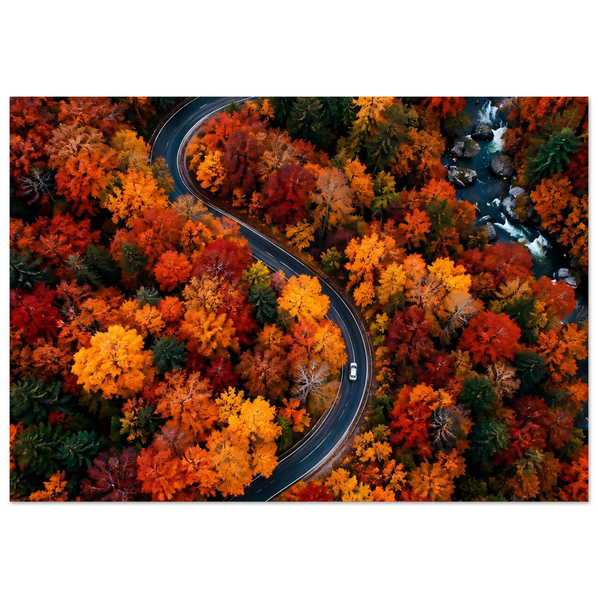Herbstposter mit Kurvenstraße und Felsen am Fluss neben buntem Laub