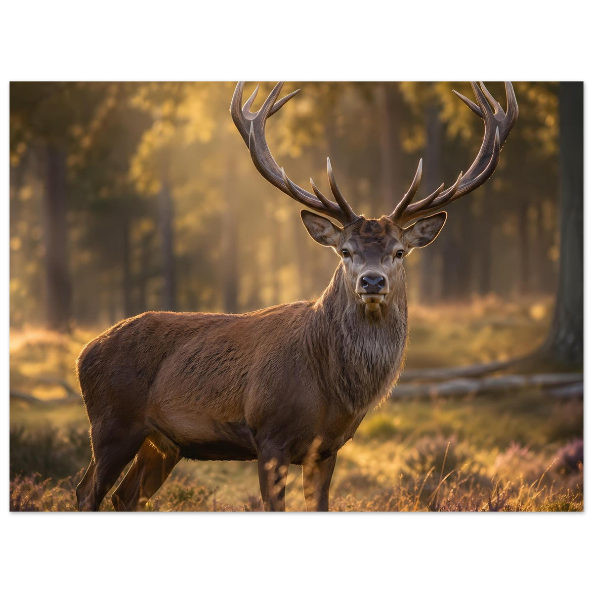 Hirsch-Wandposter, brauner Geweihhirsch mit ausladendem Geweih im Wald